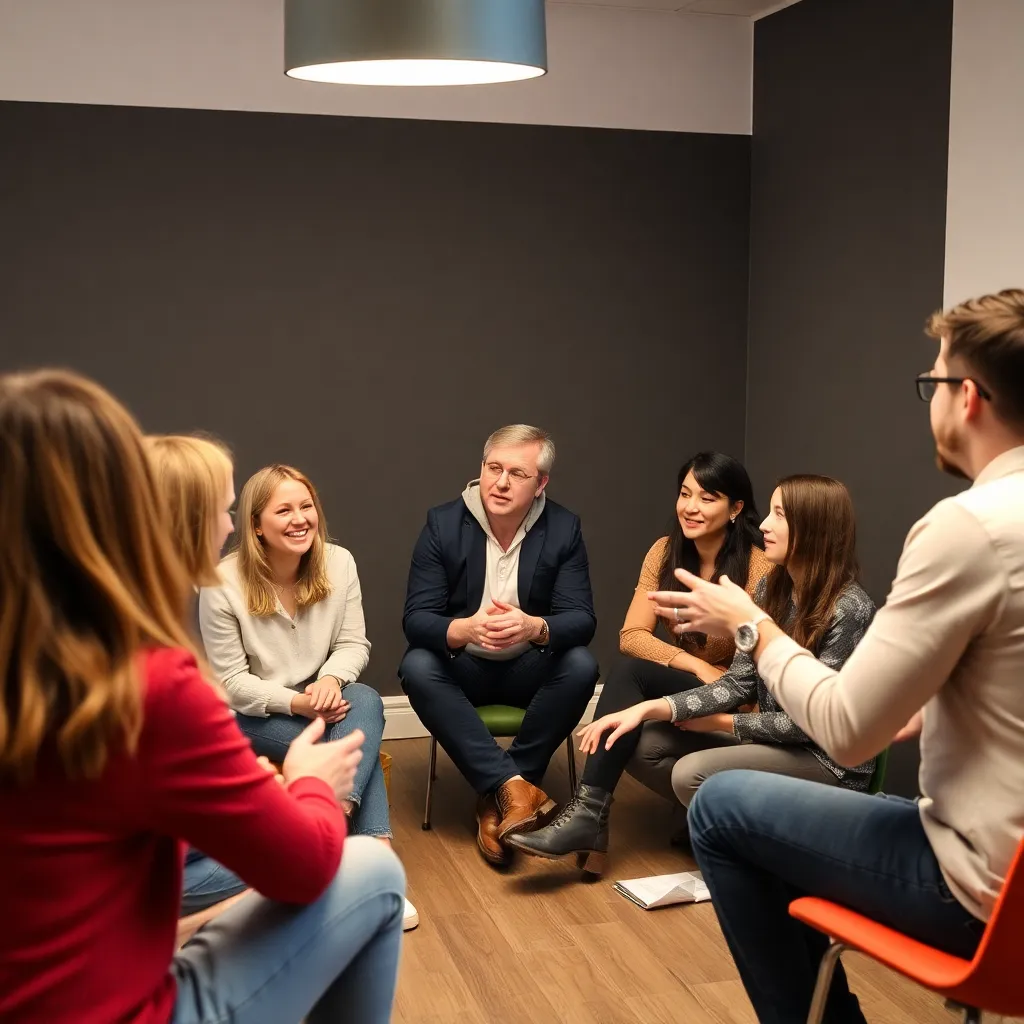 Diverse groep mensen tijdens een interactieve zelfontplooiingsworkshop in Brussel, actief bezig met groepsoefeningen