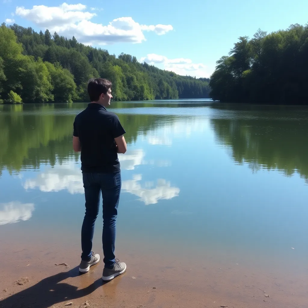 Een persoon die reflecteert bij een Belgisch meer, omringd door natuur, symboliseert het begin van een reis naar zelfontplooiing