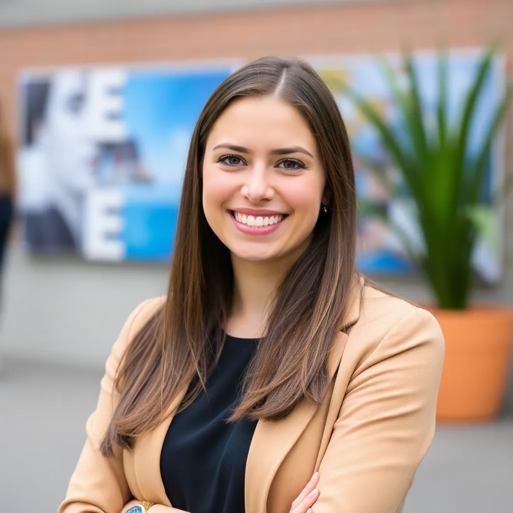 Portret van Sophie, een jonge professional uit Brussel met een vriendelijke glimlach