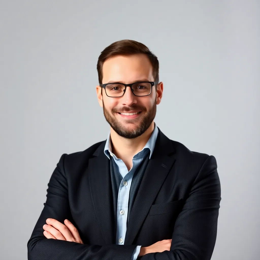 Portret van Thomas, een mid-career professional met een zelfverzekerde houding