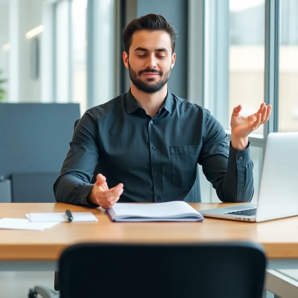 Professional die een korte mindfulness oefening doet op kantoor